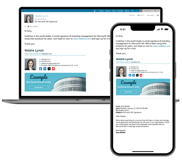 Porovnání ukazující správné vykreslení podpisu e-mailu na obrazovkách počítačů i mobilních zařízení