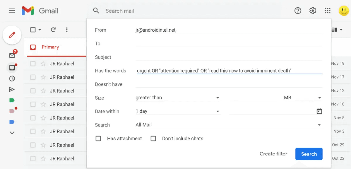 ቅጽበታዊ ገጽ እይታ የGmail ማጣሪያ መፍጠሪያ መስኮት ከ መስኮች ጋር ከ, To, Subject, ቃላቶች እና አማራጮች መለያውን ተግብር, የገቢ መልእክት ሳጥንን ዝለል
