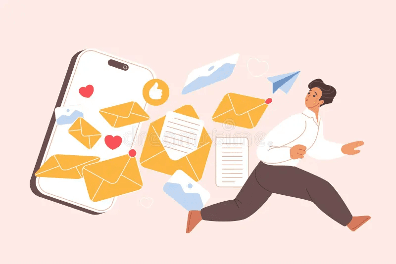 Illustratie van een gestresste kantoormedewerker begraven onder een berg e-mails