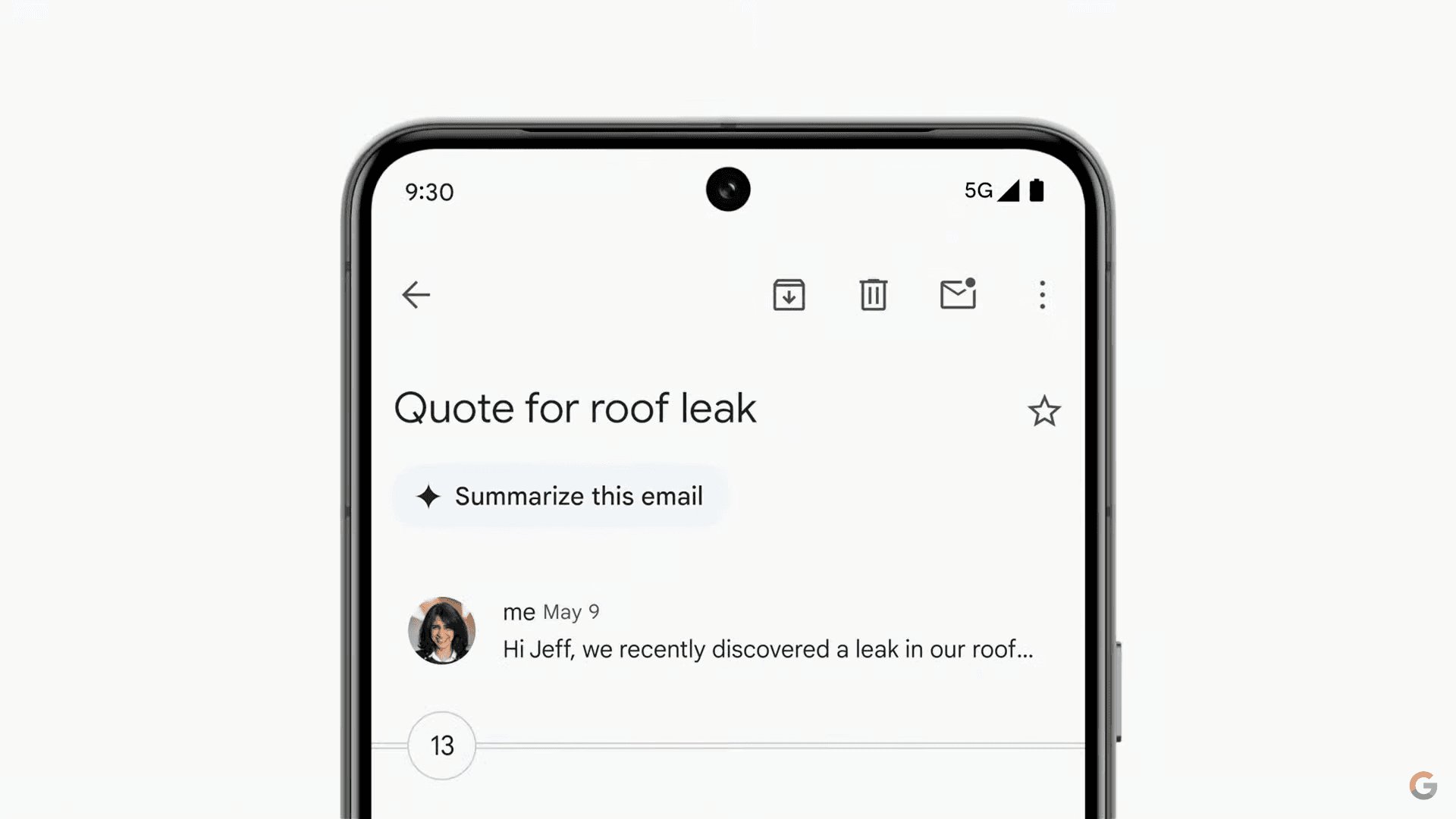 Gmail email view na nagha-highlight sa 'Ibuod ang email na ito' na buton sa ibaba ng linya ng paksa